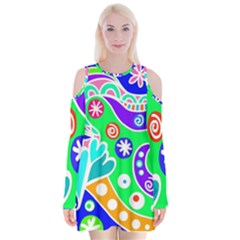 Crazy Pop Art - Doodle Lover   Velvet Long Sleeve Shoulder Cutout Dress