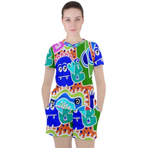 Crazy Pop Art - Doodle Buddies  Women s Tee And Shorts Set by ConteMonfrey