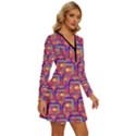 Pink Yellow Neon Squares - Modern Abstract Long Sleeve Deep V Mini Dress  View3