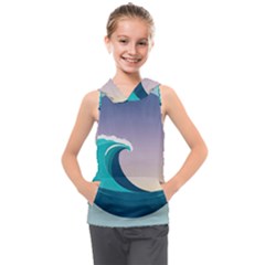 Tsunami Tidal Wave Wave Minimalist Ocean Sea 4 Kids  Sleeveless Hoodie by Wegoenart