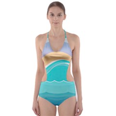 Tsunami Tidal Wave Wave Minimalist Ocean Sea Cut-out One Piece Swimsuit by Wegoenart