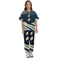 Lighthouse Abstract Ocean Sea Waves Water Blue Kids  Tee And Pants Sports Set by Wegoenart