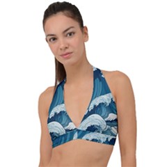 Waves Ocean Sea Pattern Water Tsunami Rough Seas Halter Plunge Bikini Top by Wegoenart