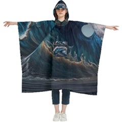 Tsunami Waves Ocean Sea Water Rough Seas Nature Women s Hooded Rain Ponchos by Wegoenart