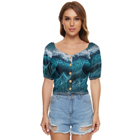 Tsunami Waves Ocean Sea Water Rough Seas Blue Button Up Blouse by Wegoenart