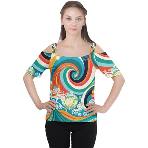 Waves Ocean Sea Abstract Whimsical Abstract Art 2 Cutout Shoulder Tee by Wegoenart