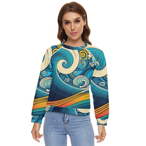 Waves Ocean Sea Abstract Whimsical Abstract Art 3 Women s Long Sleeve Raglan Tee by Wegoenart