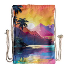 Ai Generated Tropical Island Sunset Landscape Drawstring Bag (large) by Wegoenart