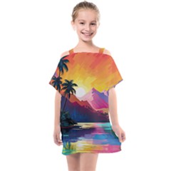 Ai Generated Tropical Island Sunset Landscape Kids  One Piece Chiffon Dress by Wegoenart