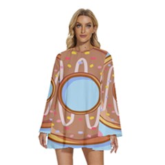 Dessert Food Donut Sweet Decor Chocolate Bread Round Neck Long Sleeve Bohemian Style Chiffon Mini Dress by Uceng