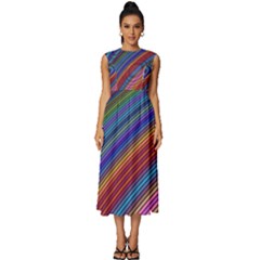 Multicolored Stripe Curve Striped Background Sleeveless Round Neck Midi Dress by Uceng