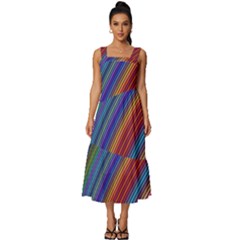 Multicolored Stripe Curve Striped Background Square Neckline Tiered Midi Dress by Uceng