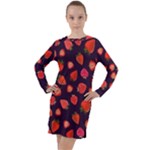 Strawberry On Black Long Sleeve Hoodie Dress