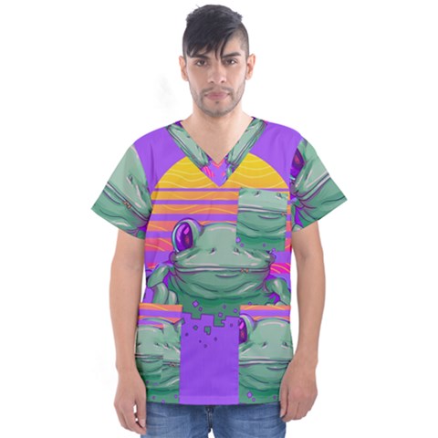 Frog Animal Sun Amphibian Figure Digital Art Men s V-neck Scrub Top by Wegoenart