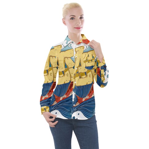 Wave Fish Koi Splash Character Carp Women s Long Sleeve Pocket Shirt by Wegoenart