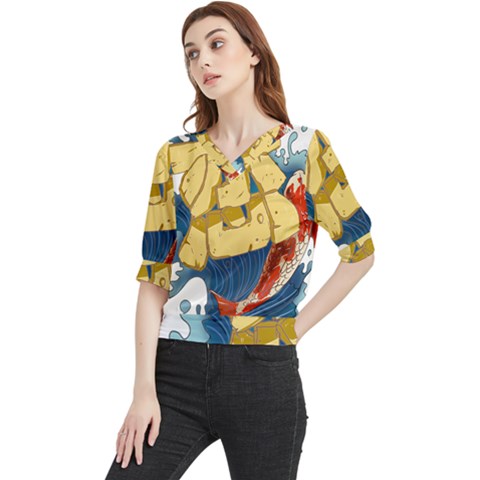 Wave Fish Koi Splash Character Carp Quarter Sleeve Blouse by Wegoenart