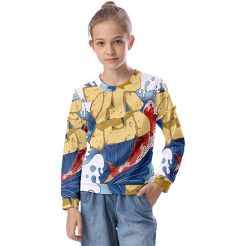 Wave Fish Koi Splash Character Carp Kids  Long Sleeve Tee With Frill  by Wegoenart