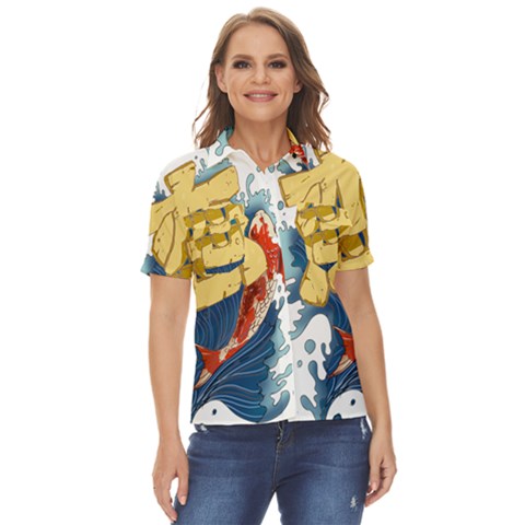 Wave Fish Koi Splash Character Carp Women s Short Sleeve Double Pocket Shirt by Wegoenart