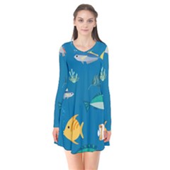 Fish-73 Long Sleeve V-neck Flare Dress