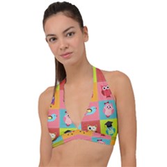 Owls Pattern Abstract Art Vector Cartoon Halter Plunge Bikini Top