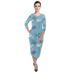 Butterflies Flowers Blue Background Spring Pattern Quarter Sleeve Midi Velour Bodycon Dress