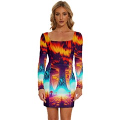 Sci-fi Fantasy Art Painting Colorful Pattern Long Sleeve Square Neck Bodycon Velvet Dress