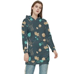 Flowers Leaves Pattern Seamless Green Background Women s Long Oversized Pullover Hoodie