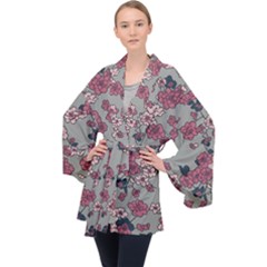 Traditional Cherry Blossom On A Gray Background Long Sleeve Velvet Kimono  by Kiyoshi88