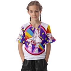 Badge Patch Pink Rainbow Rocket Kids  V-neck Horn Sleeve Blouse