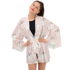 Pattern Pink Cute Sweet Fur Cats Long Sleeve Kimono by Salman4z