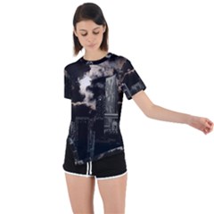 City Night Moon Skyline Skyscraper Asymmetrical Short Sleeve Sports Tee by Salman4z