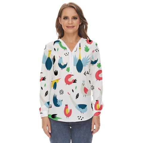 Vector Set Isolates With Cute Birds Scandinavian Style Zip Up Long Sleeve Blouse by Salman4z