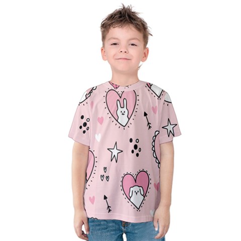 Cartoon Cute Valentines Day Doodle Heart Love Flower Seamless Pattern Vector Kids  Cotton Tee by Salman4z