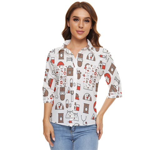 Vector Thin Line Art Vet Seamless Pattern Women s Quarter Sleeve Pocket Shirt by Salman4z