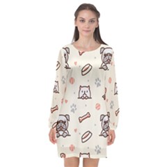 Pug Dog Cat With Bone Fish Bones Paw Prints Ball Seamless Pattern Vector Background Long Sleeve Chiffon Shift Dress  by Salman4z