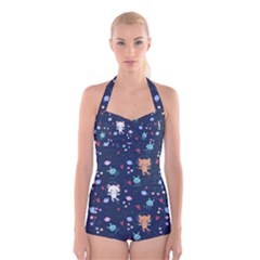 Cute-astronaut-cat-with-star-galaxy-elements-seamless-pattern Boyleg Halter Swimsuit  by Salman4z