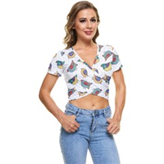 Seamless-pattern-with-hand-drawn-bird-black Short Sleeve Foldover Tee