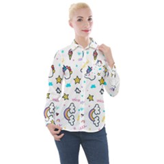 Unicorns-rainbows-seamless-pattern Women s Long Sleeve Pocket Shirt