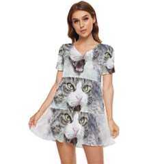 Cat Pet Art Abstract Watercolor Tiered Short Sleeve Babydoll Dress