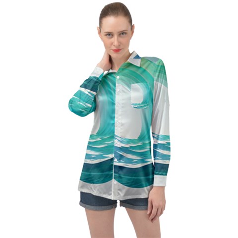 Tsunami Tidal Wave Wave Minimalist Ocean Sea Long Sleeve Satin Shirt by Ravend