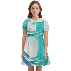 Tsunami Tidal Wave Wave Minimalist Ocean Sea Kids  Bow Tie Puff Sleeve Dress by Ravend