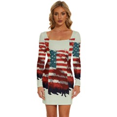 Patriotic Usa United States Flag Old Glory Long Sleeve Square Neck Bodycon Velvet Dress