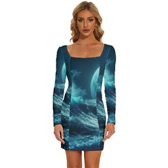 Moonlight High Tide Storm Tsunami Waves Ocean Sea Long Sleeve Square Neck Bodycon Velvet Dress