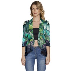 Waterfall Jungle Nature Paper Craft Trees Tropical Women s 3/4 Sleeve Ruffle Edge Open Front Jacket by Ravend