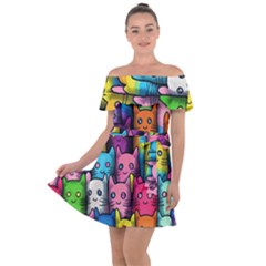 Cats Rainbow Pattern Colorful Feline Pets Off Shoulder Velour Dress