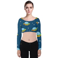 Seamless-pattern-ufo-with-star-space-galaxy-background Velvet Long Sleeve Crop Top