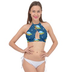 Seamless-pattern-ufo-with-star-space-galaxy-background Cross Front Halter Bikini Top by Salman4z