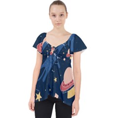 Seamless-pattern-with-funny-aliens-cat-galaxy Lace Front Dolly Top by Salman4z