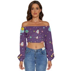 Space-travels-seamless-pattern-vector-cartoon Long Sleeve Crinkled Weave Crop Top by Salman4z