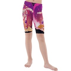 Astronaut-spacesuit-standing-surfboard-surfing-milky-way-stars Kids  Mid Length Swim Shorts by Salman4z